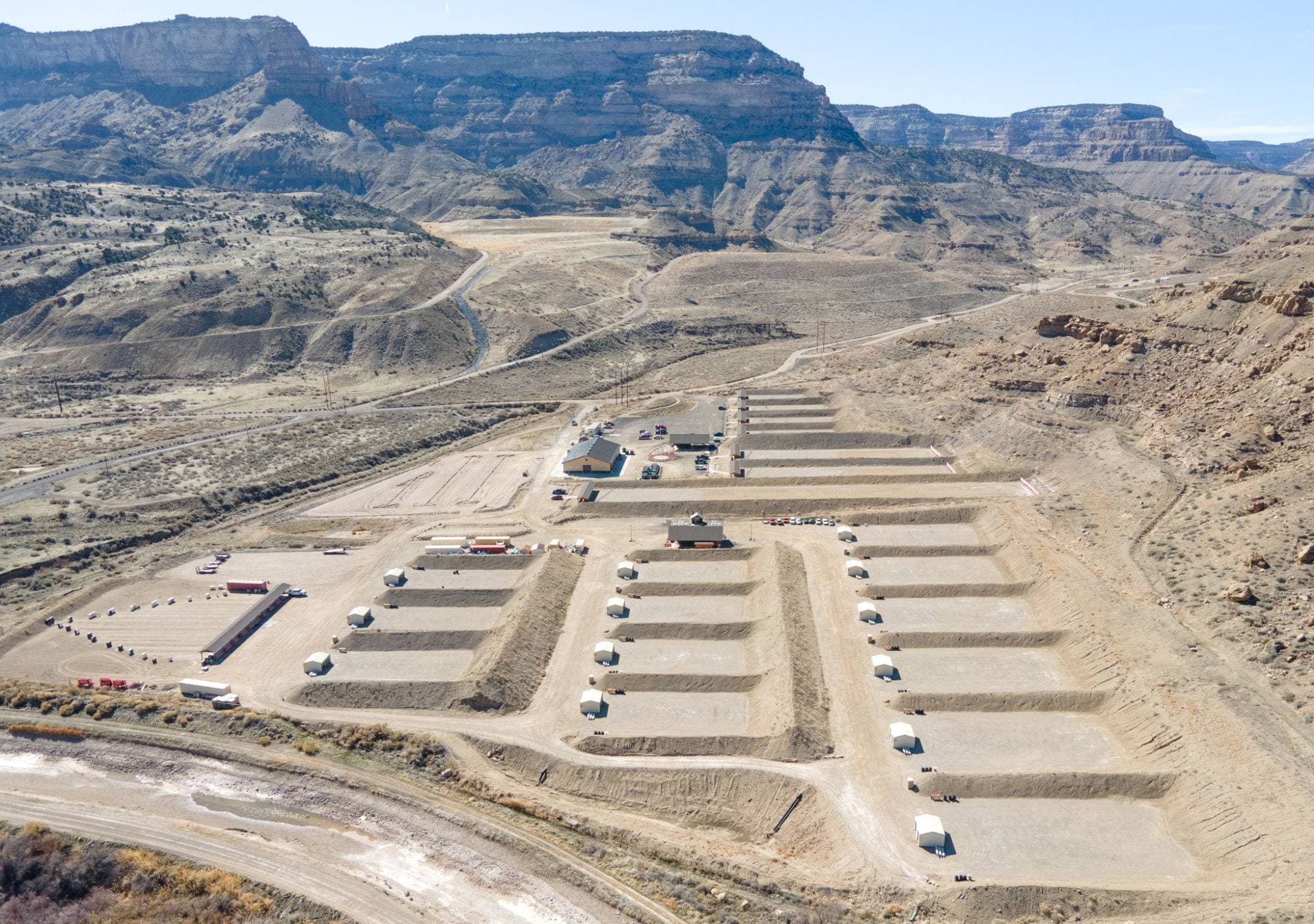 Aerial view of Cameo’s shooting bays beneath the Book Cliffs